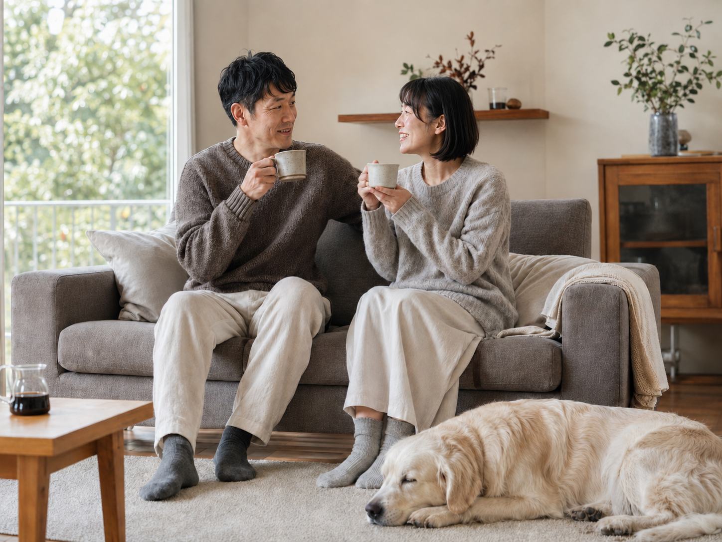 リビングでコーヒーを楽しむ夫婦と、そばで眠る白いレトリバー
