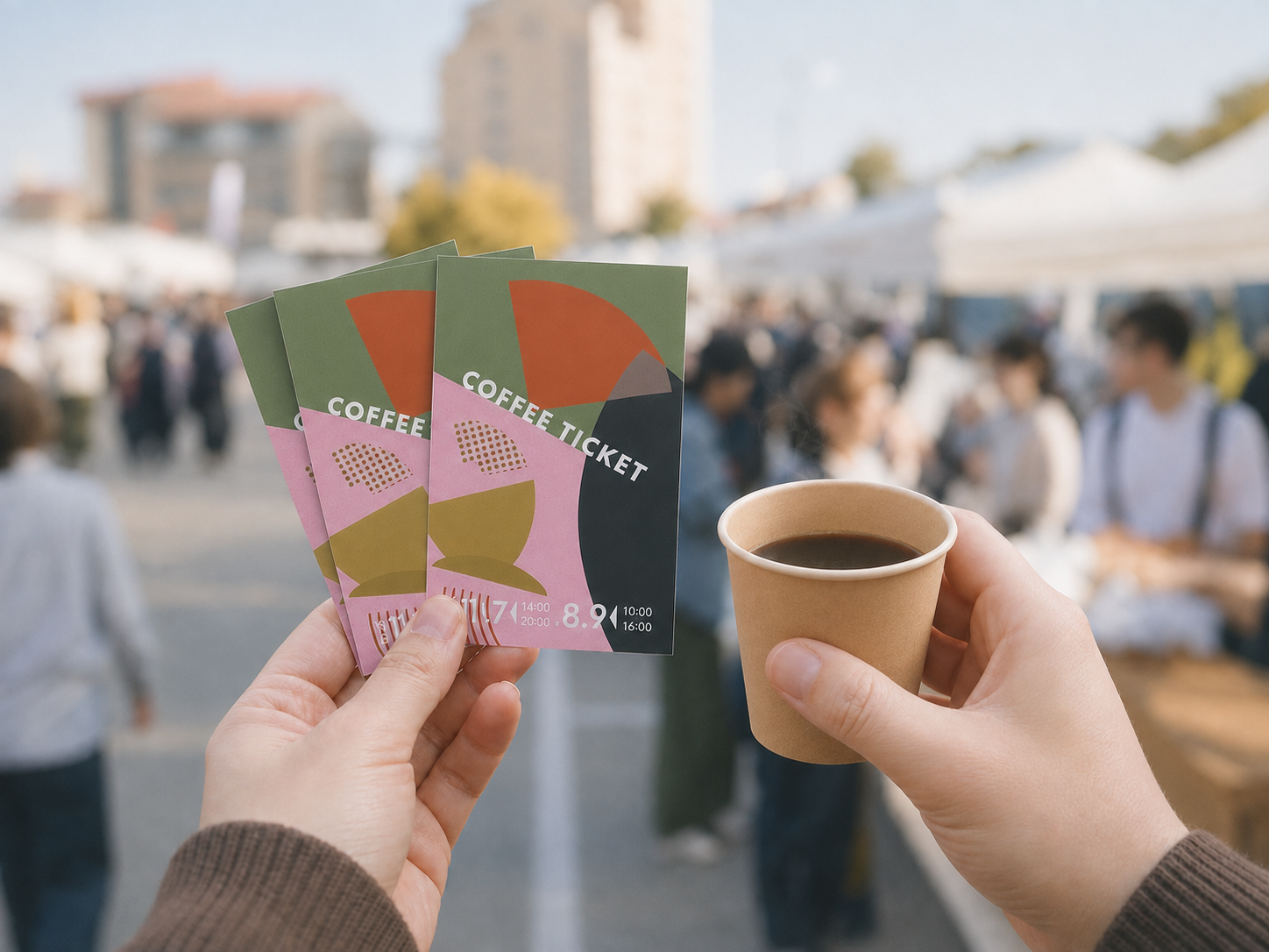 飲み比べチケットとコーヒーの入った試飲カップを手に持つイメージ